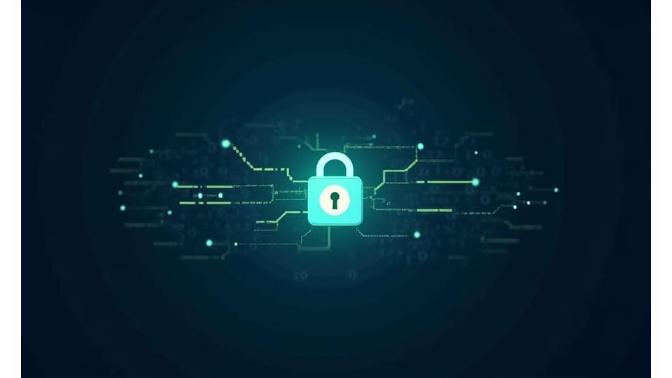 Digital representation of secure data flow with locked padlock icon, symbolizing data protection at ÉireVolt Energy.