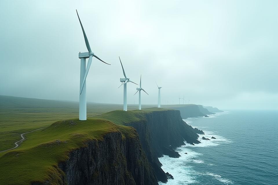 Panoramic view of modern wind turbines along the rugged Clare coast of Ireland