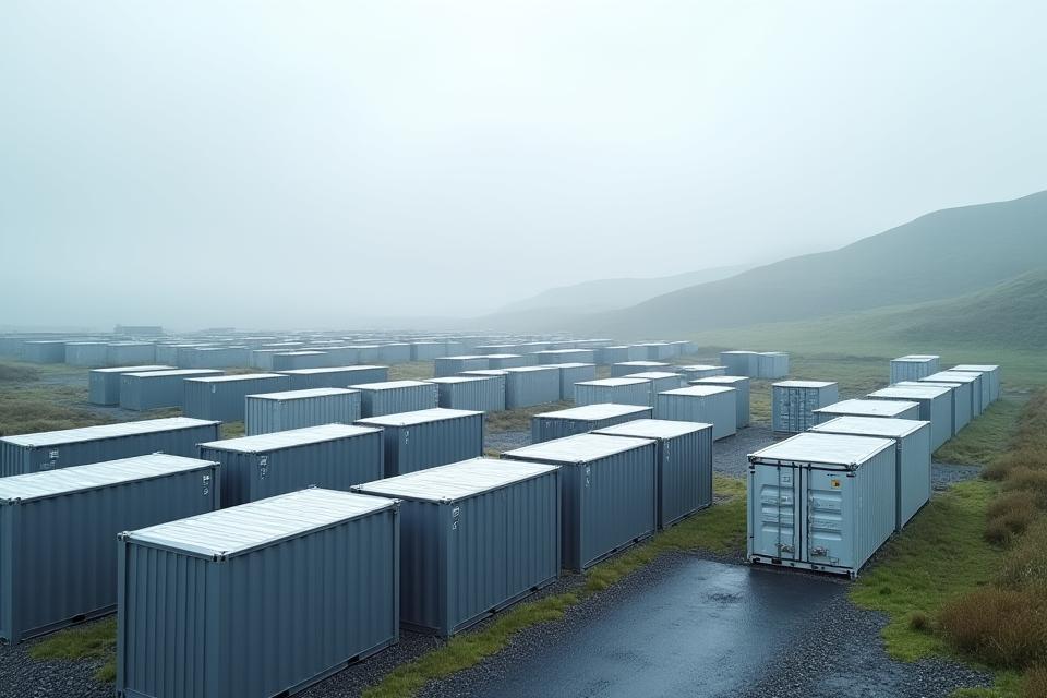 Large-scale battery energy storage system containers at an industrial facility in County Cork