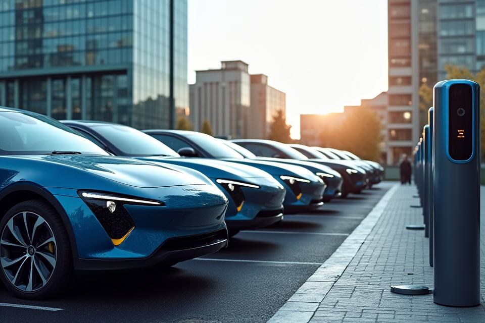 Electric vehicles charging at modern stations in the bustling Dublin Docklands