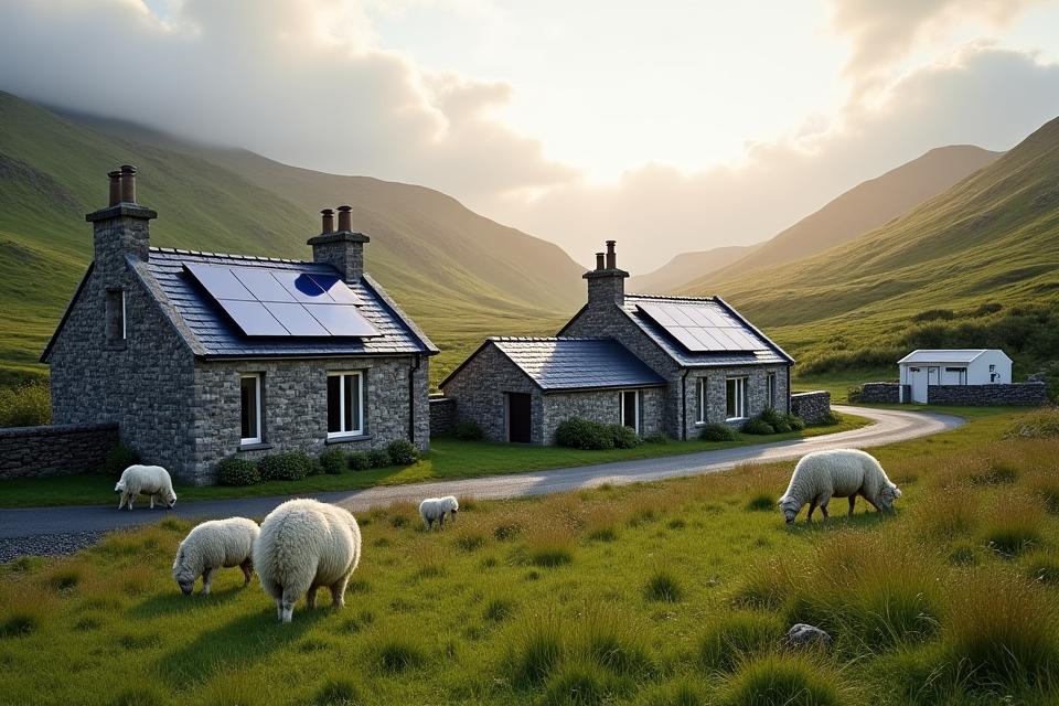 An idyllic rural Irish village with new solar panels on rooftops and a small EV charging station