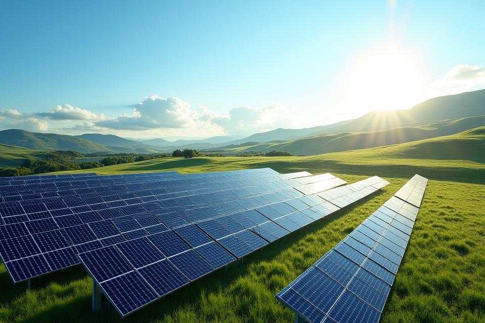 Expansive solar panel array stretching across a sunny field in County Kerry, Ireland