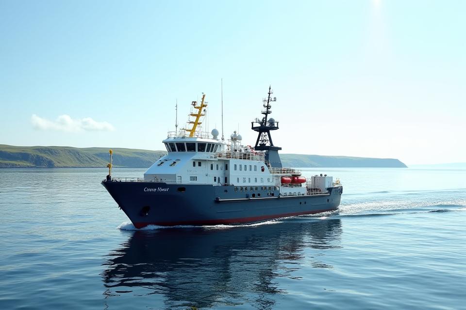 A specialized survey vessel analyzing ocean currents near the Wexford coast for offshore wind potential