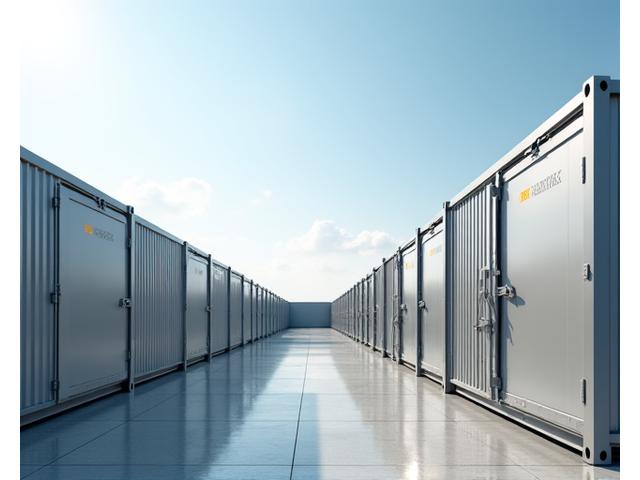 Large-scale battery energy storage system facility with rows of containerized batteries