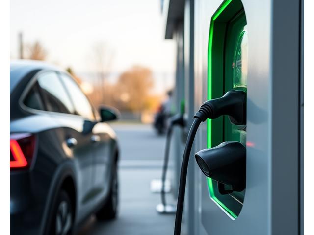Electric vehicle charging station in an urban setting with a futuristic design