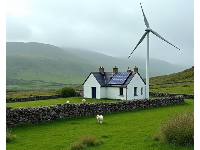 Wind turbine and solar panels providing electricity to a remote Irish cottage surrounded by green landscape