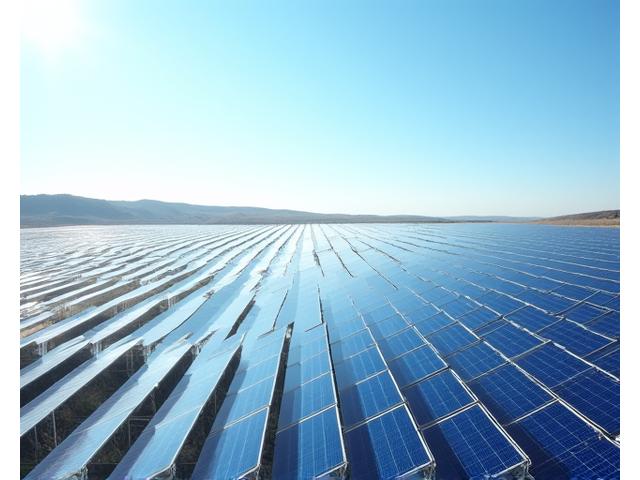 Large solar farm with panels reaching towards a blue sky