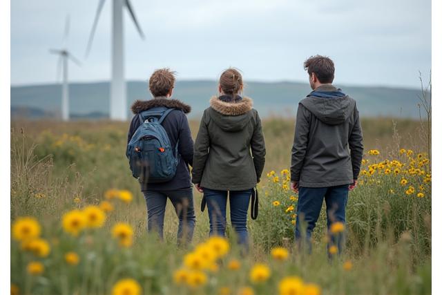 Ecological consultants observing nature in a restored Irish habitat near a renewable energy site
