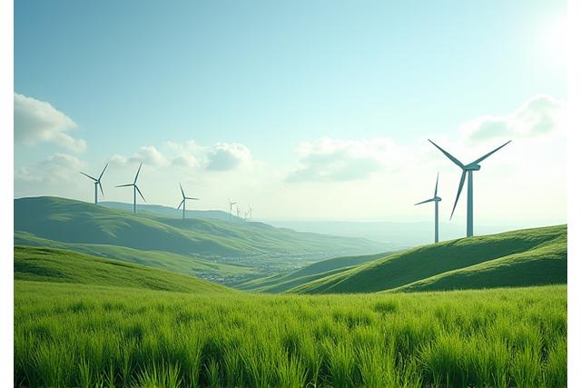 Lush green Irish landscape with wind turbines in the distance, representing sustainable energy